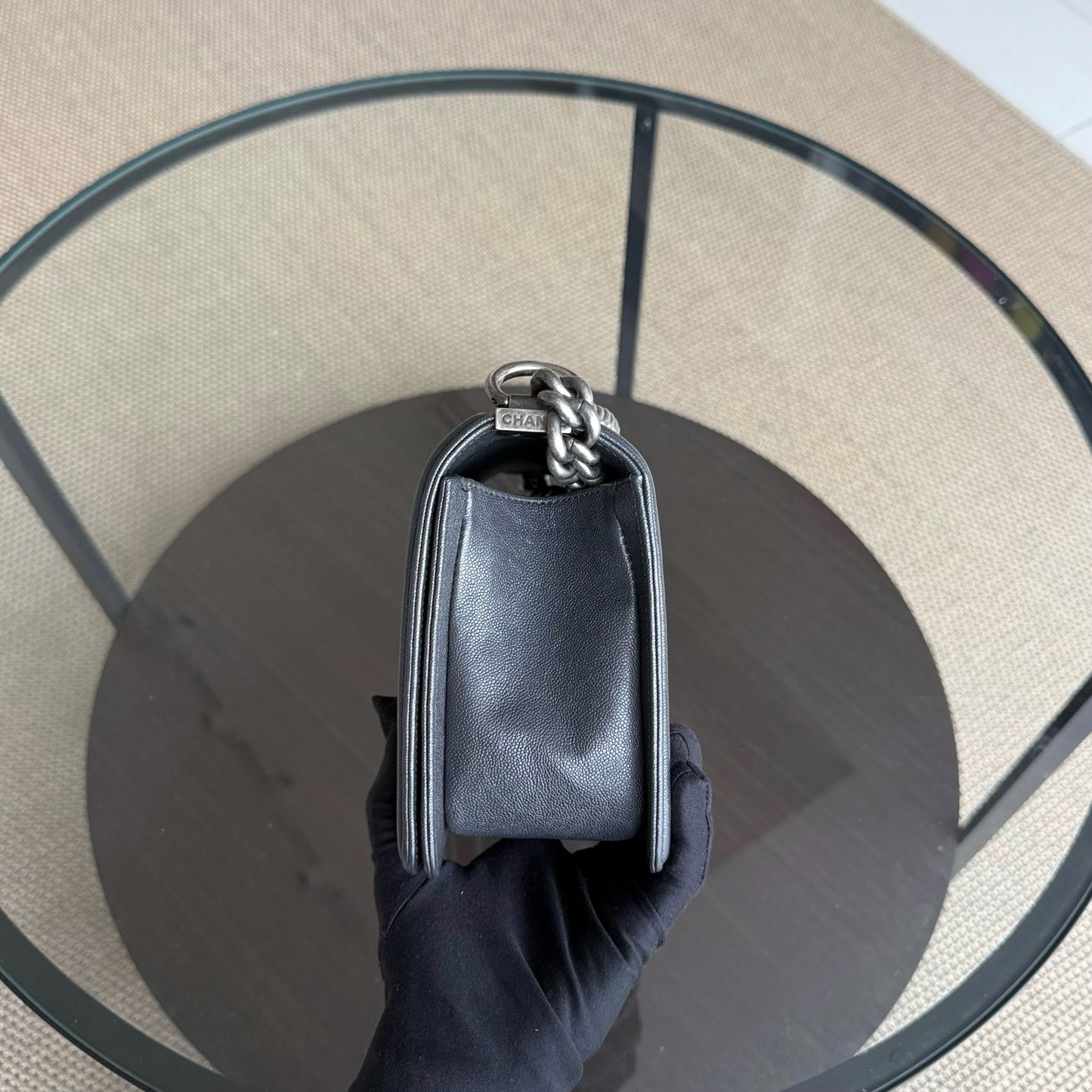 Chanel Boy Medium - Caviar 25CM Quilted Dark Grey Gray Ruthenium Silver Hardware Series 26
