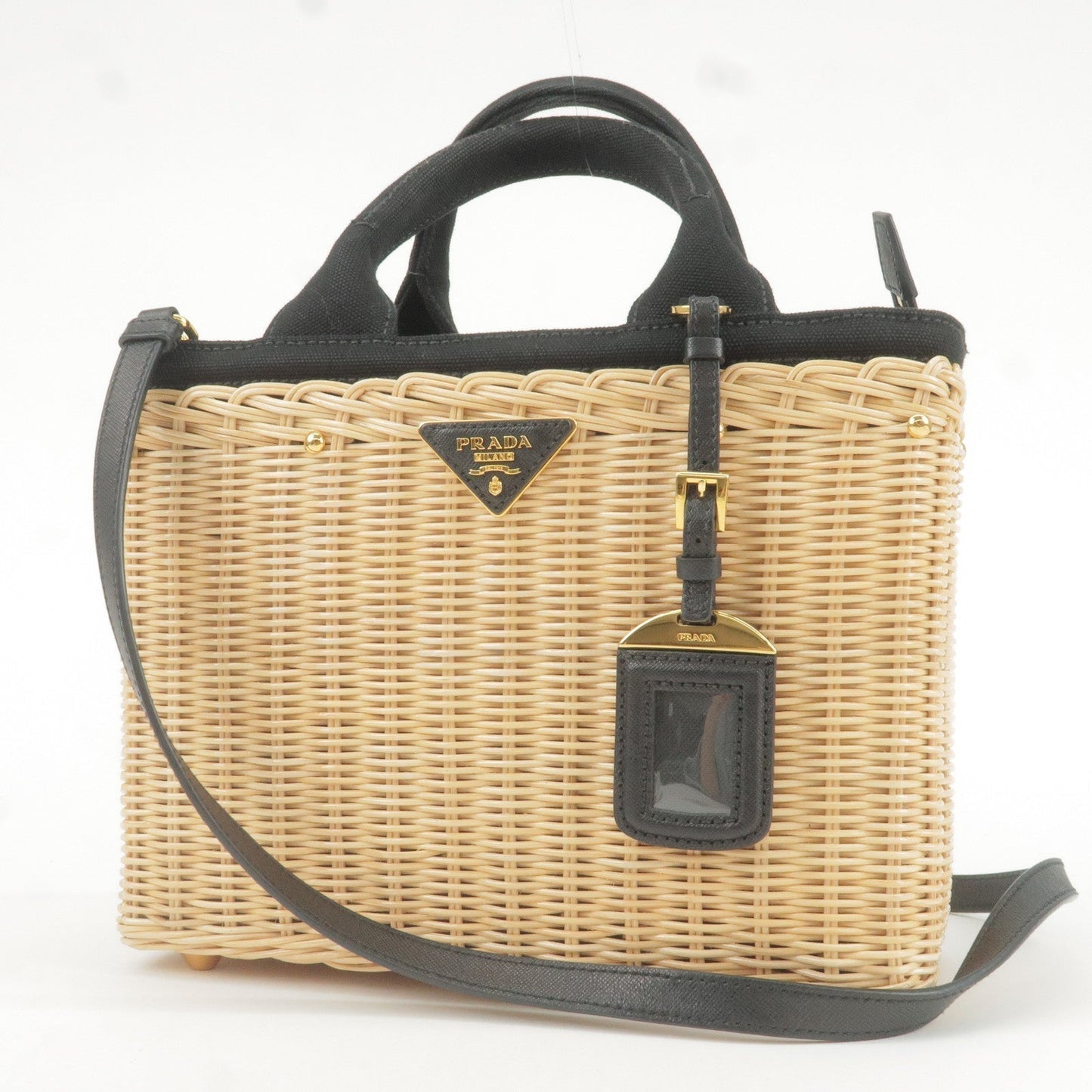 PRADA Wicker Canvas 2Way Basket Bag Hand Bag Black