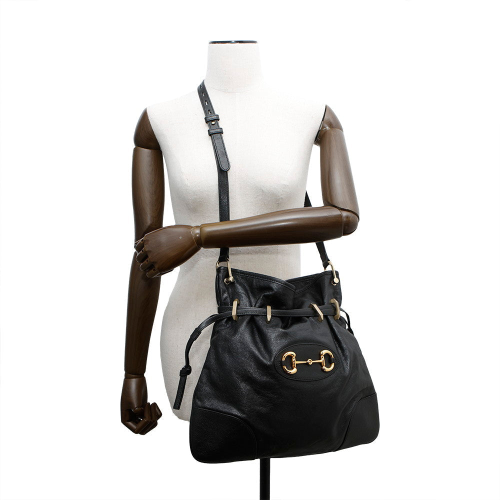GUCCI ?Horsebit1955 Drawstring Shoulder Bag Black602089 Leather