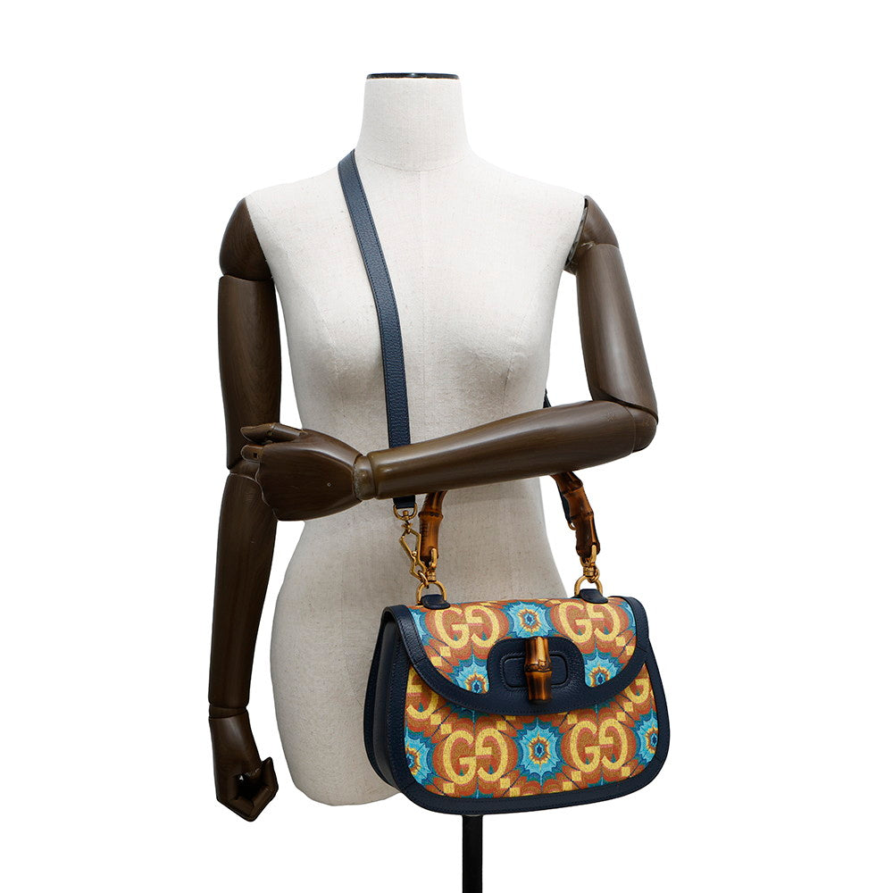 GUCCI Bamboo 1947 2-Way Handbag 100th Anniversary Model Blue/Orange678489 Bamboo Leather Size Medium