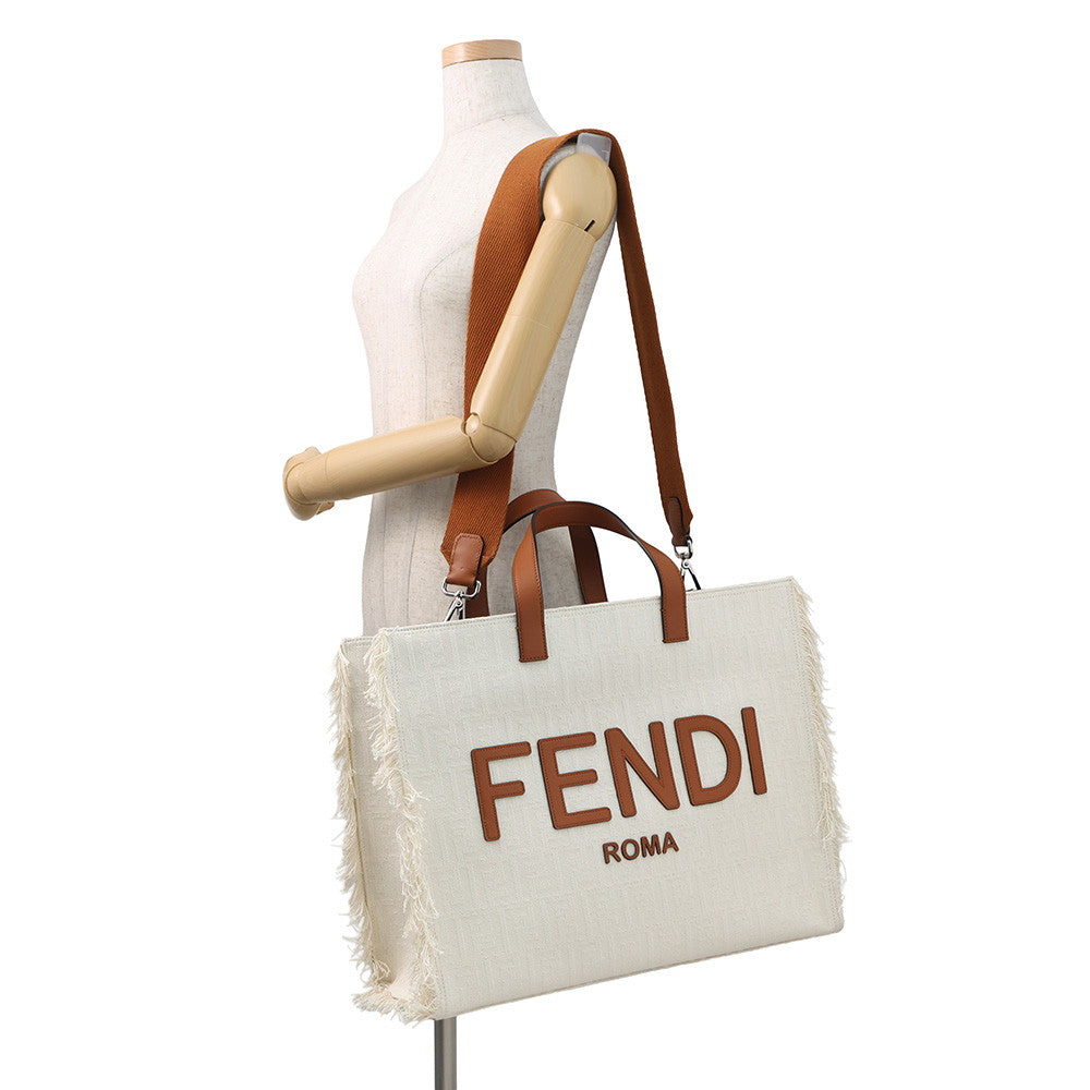 FENDI Logo 2WAY Tote Bag White/Brown7VA591 Canvas Leather