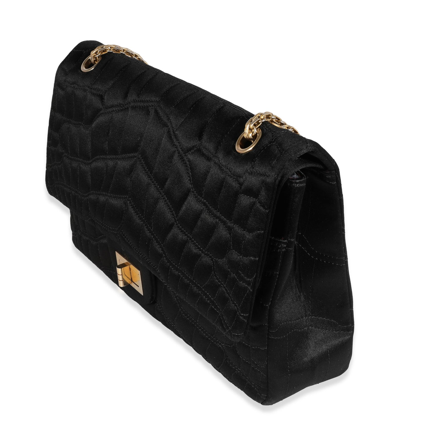 CHANEL Black Crocodile Stitch Satin Reissue 2 55 227 Double Flap Bag