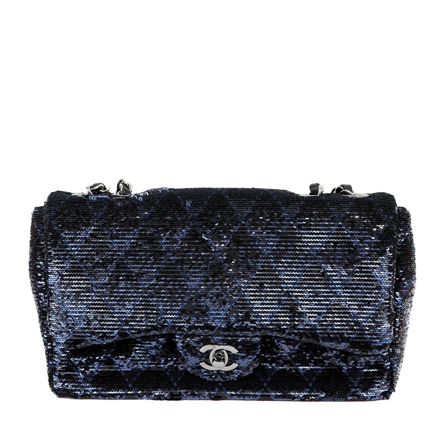 Chanel Black Navy Sequin Classic Flap Bag w Silver Hardware