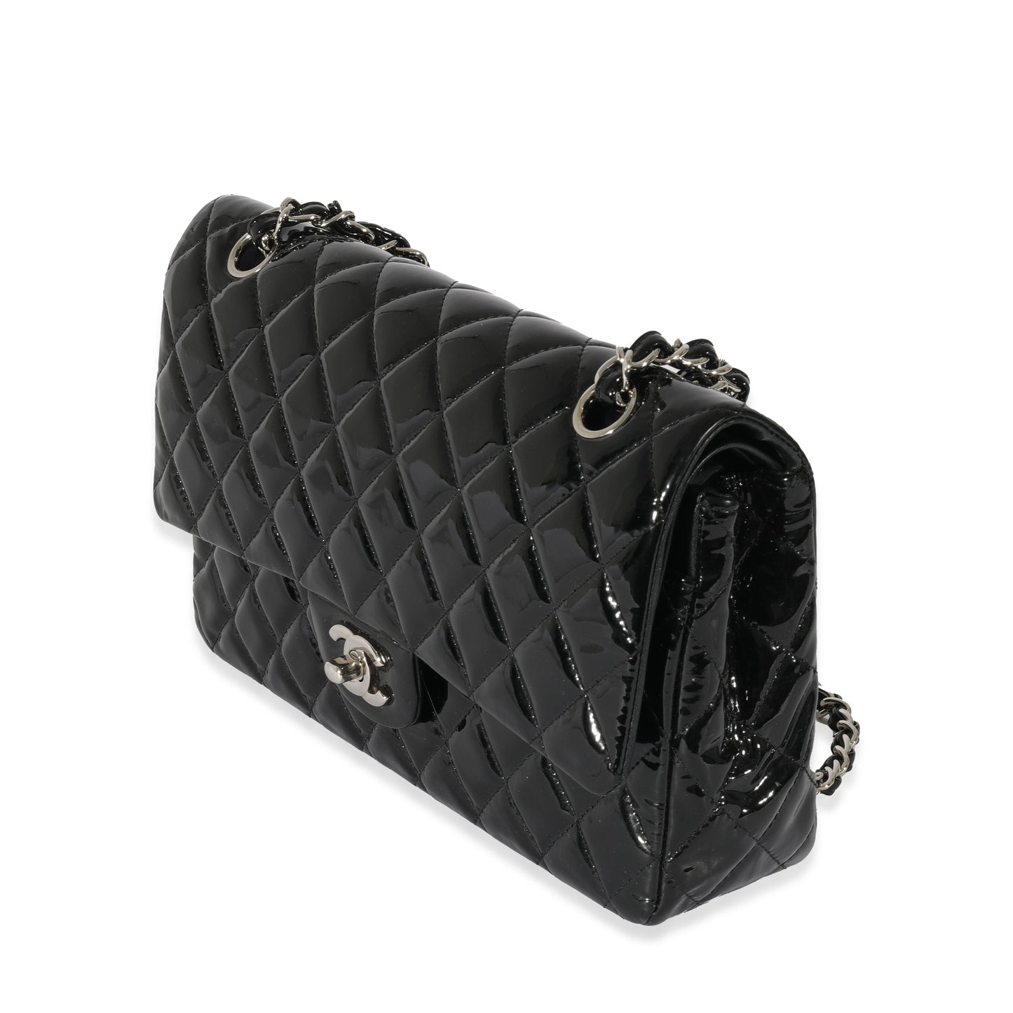CHANEL Black Quilted Patent Leather Medium Classic Double Flap Bag