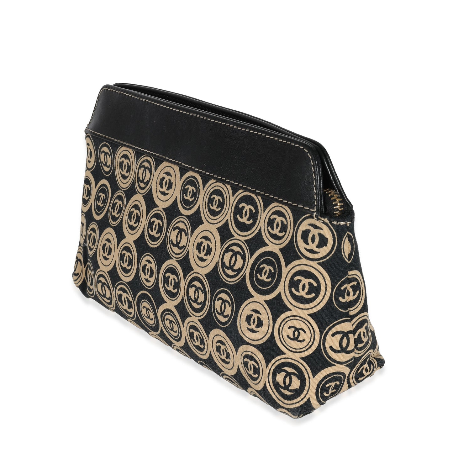 CHANEL Black Beige Canvas CC Logo Clutch