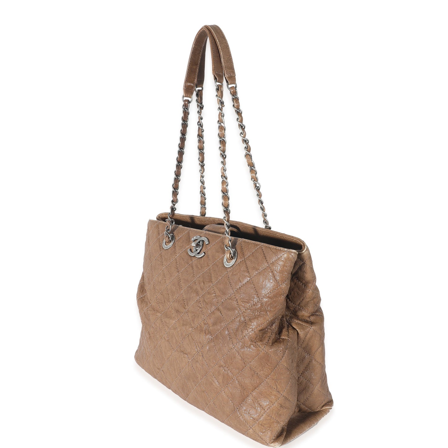 CHANEL Brown Quilted Crumpled Calfskin CC Tote