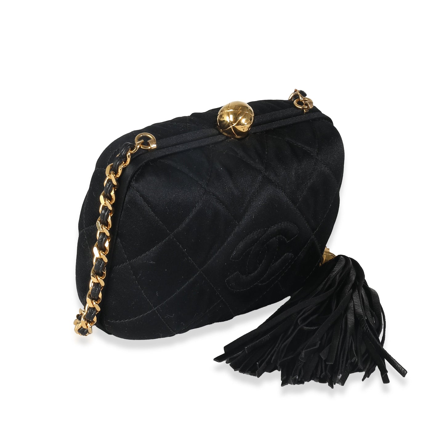 CHANEL Black Quilted Satin CC Tassel Box Clutch