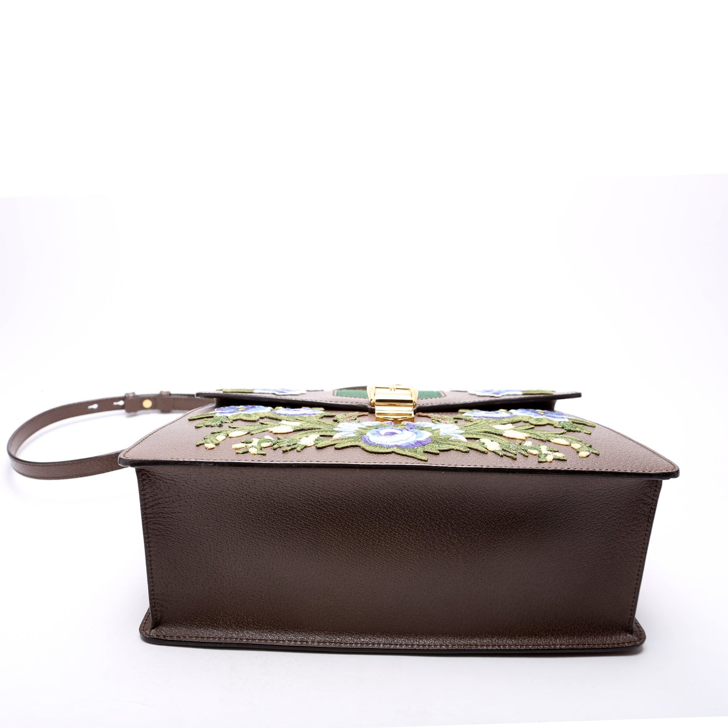 Gucci 431665 Sylvie Top Handle Embroidered Calfskin Medium Brown Bag