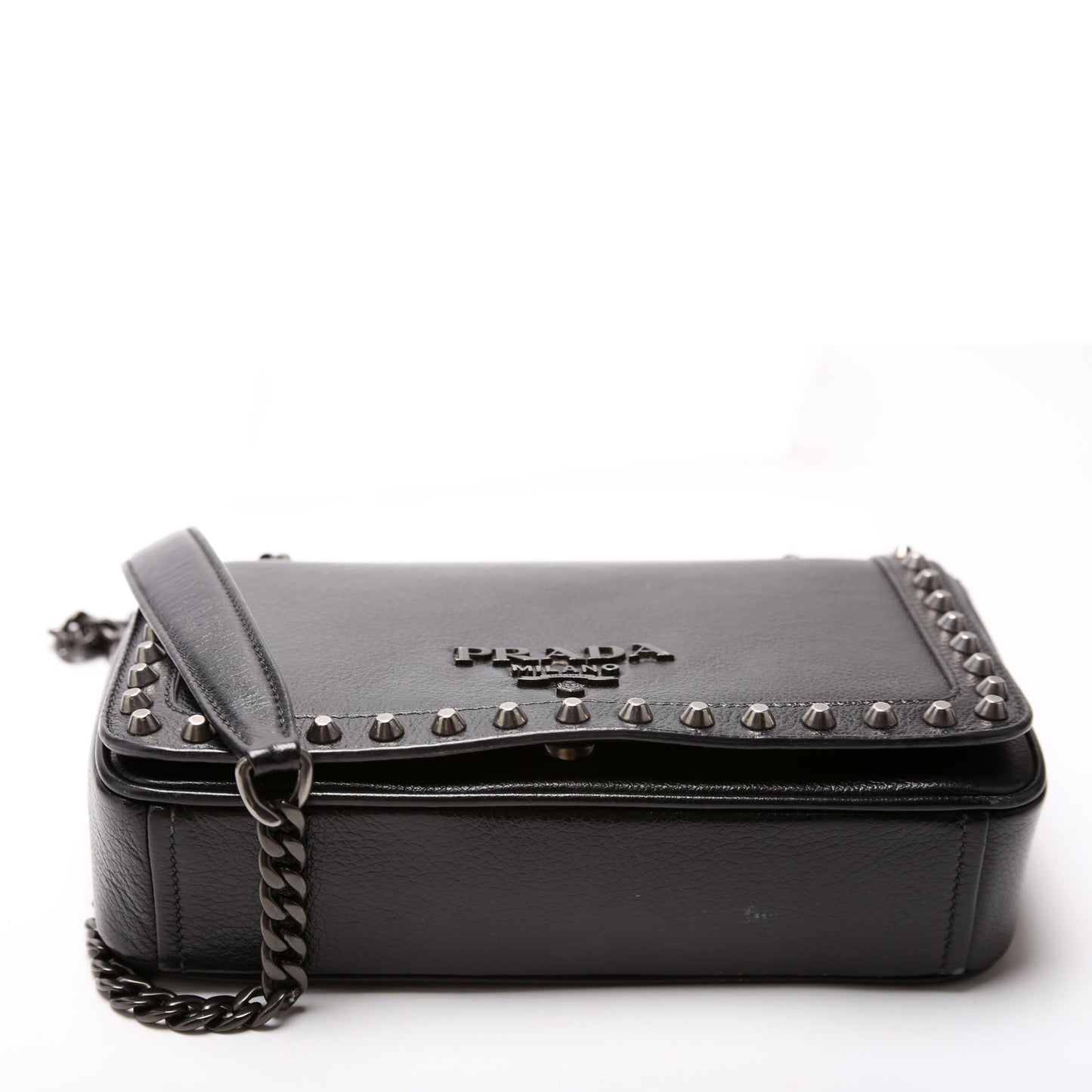 Prada 1BD147 Glace Calfskin Studded Crossbody Black Bag