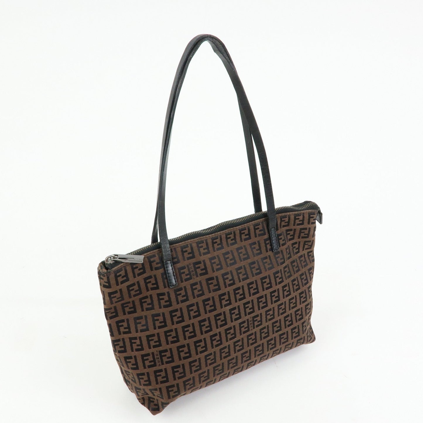 FENDI Zucchino Canvas Leather Tote Shoulder Bag Brown Black 8BH023