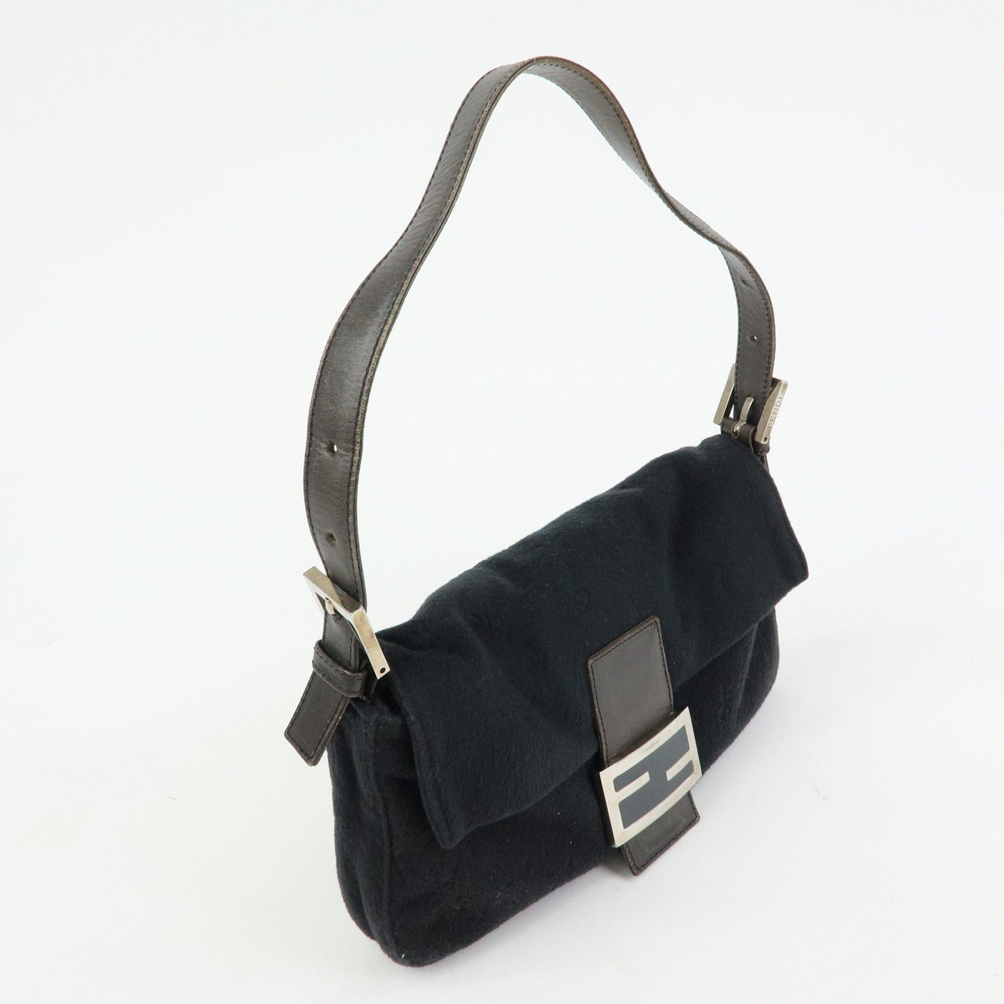 FENDI Mamma Baguette Wool Leather Shoulder Bag Hand Bag Black 26424