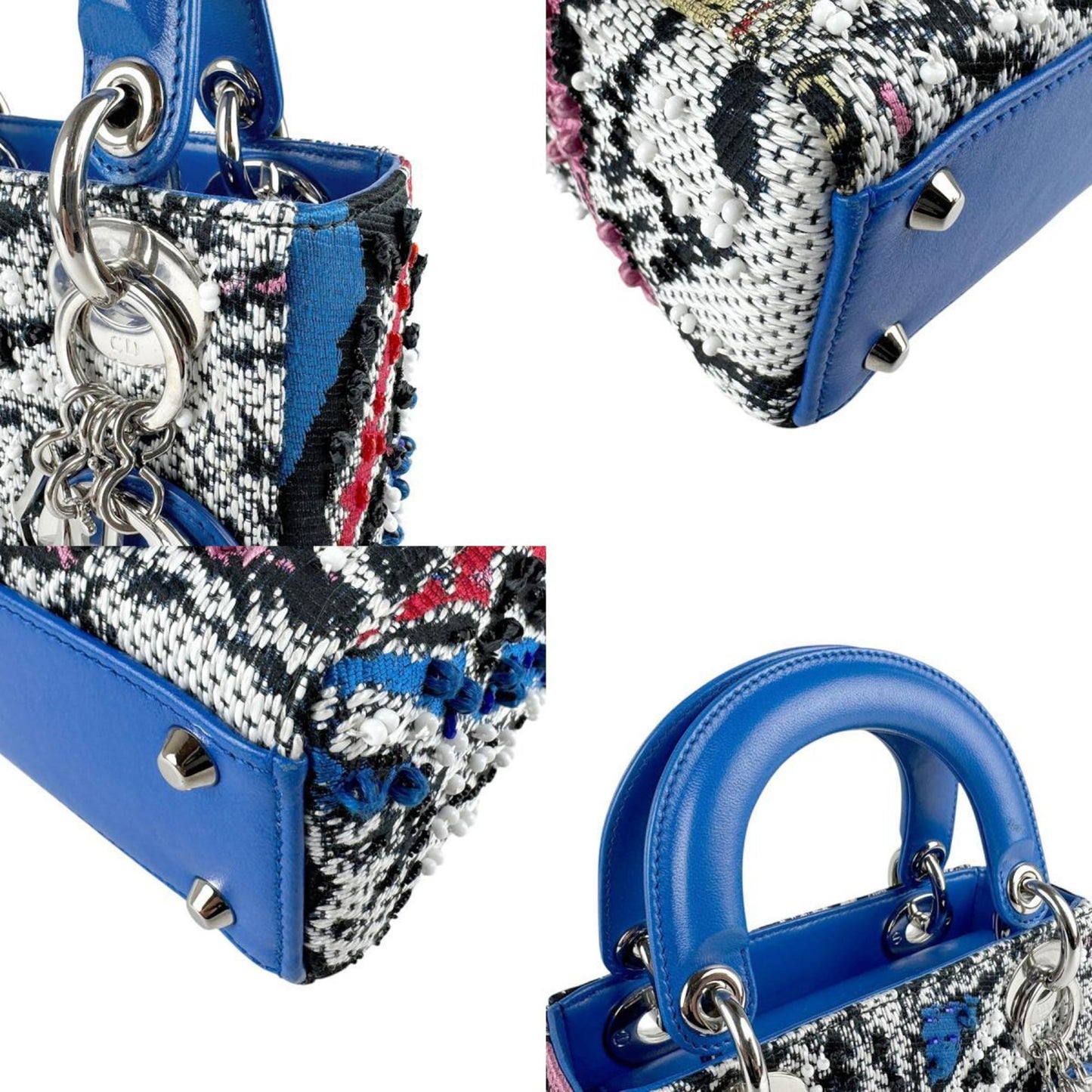 Christian Dior Black Blue Tweed Leather Handbag Shoulder Bag