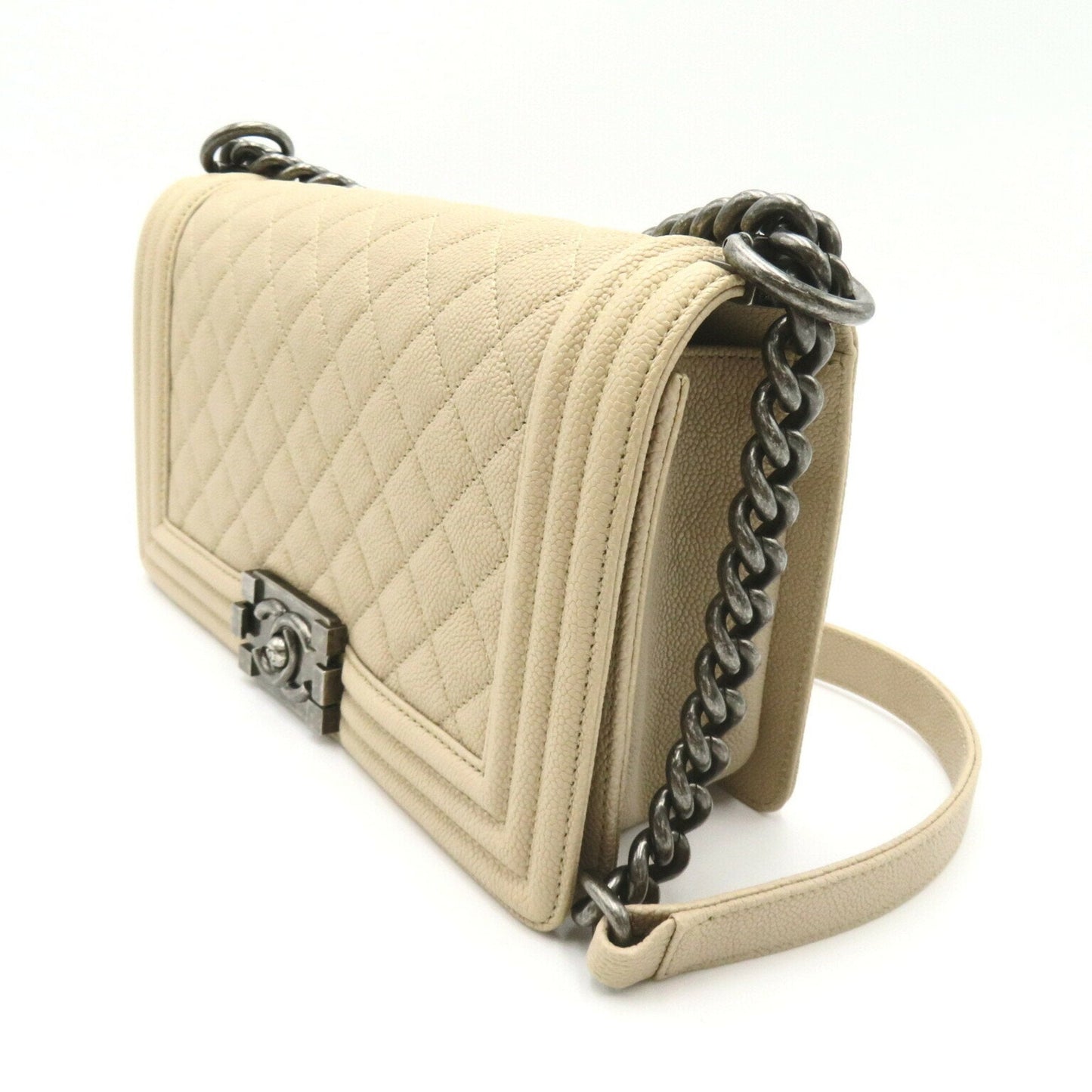 CHANEL Boy Chanel Chain Shoulder Bag Caviar Skin Grained Calf Women s Beige 92193