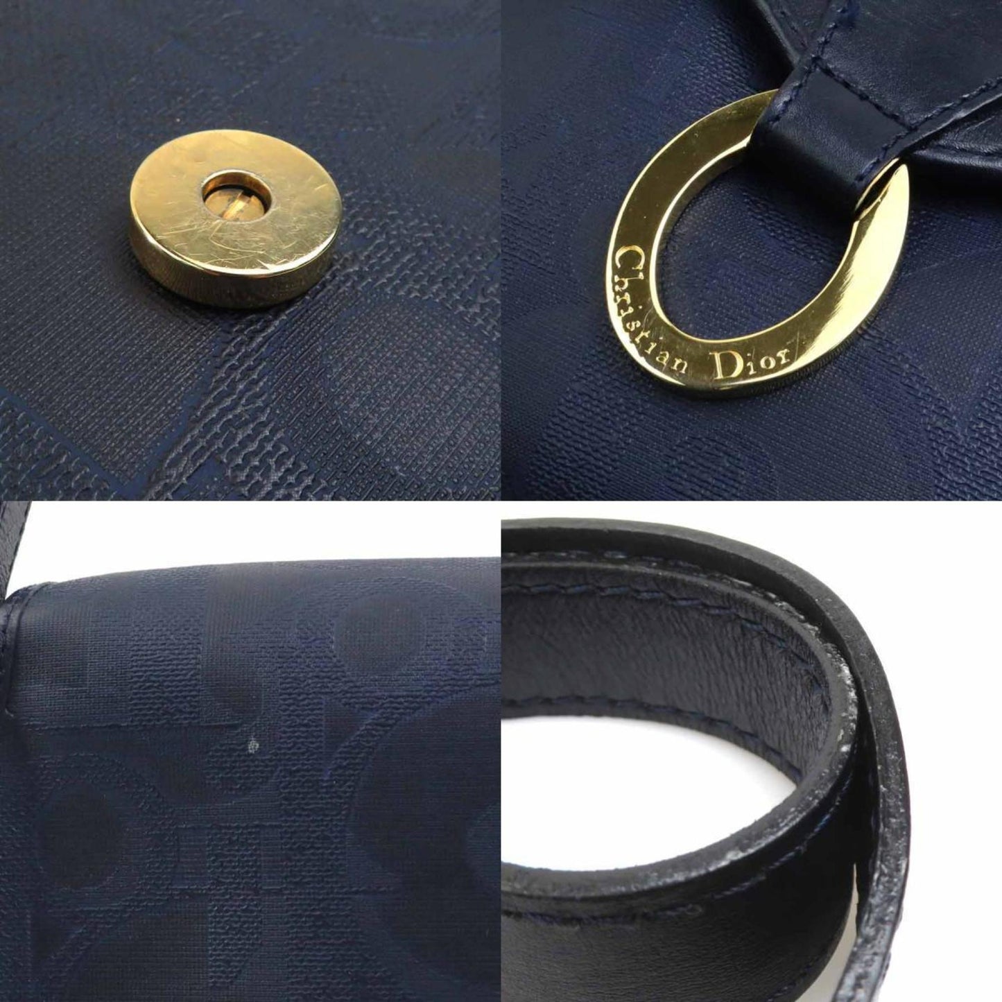 Christian Dior Navy Coated Canvas Leather Shoulder Bag
