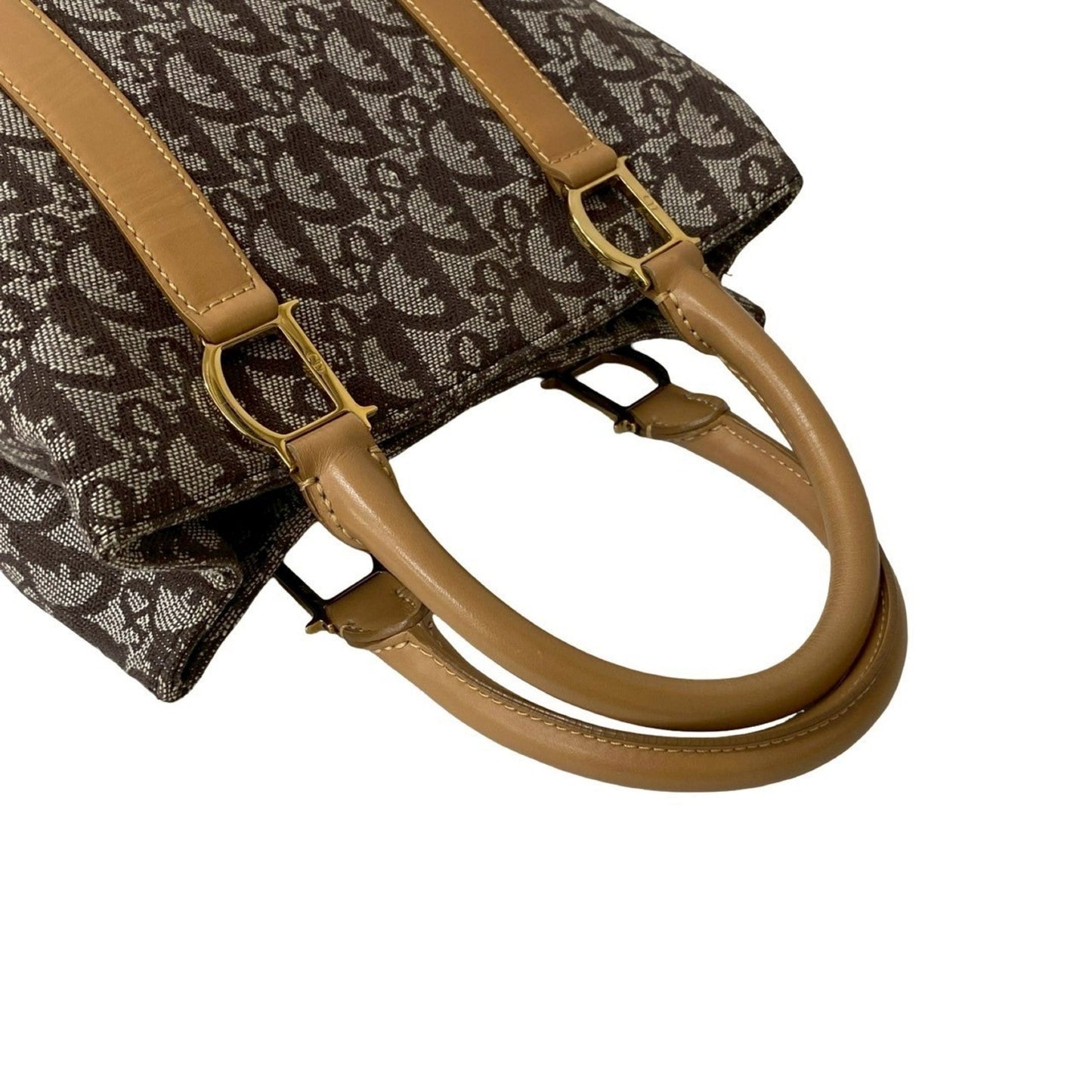 Christian Dior Beige Brown Leather Canvas Handbag
