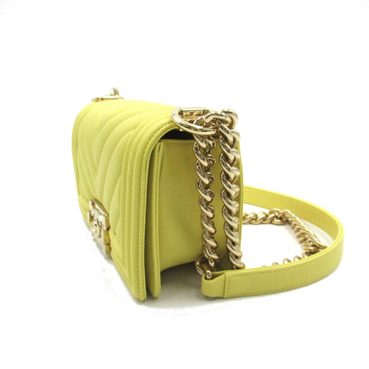 CHANEL Boy Chanel V stitched chain shoulder bag caviar skin grained calfskin women s yellow