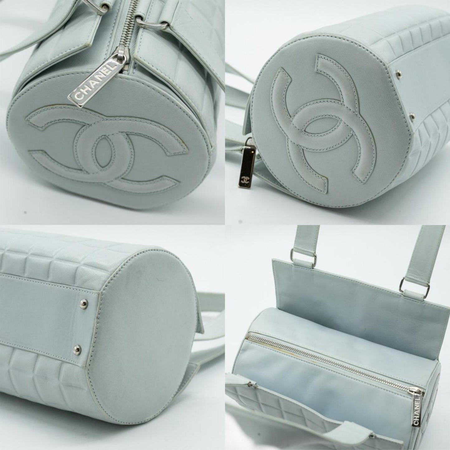 CHANEL Boston Bag Chocolate Bar Coco Mark Leather Light Blue Silver Women s PD292