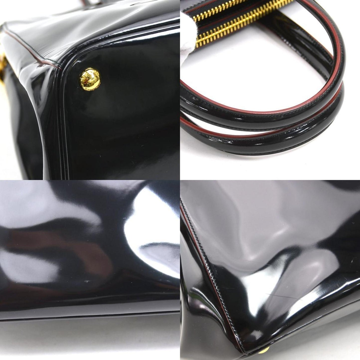 Prada HandBag Shoulder Bag Patent Leather Black x Red Unisex