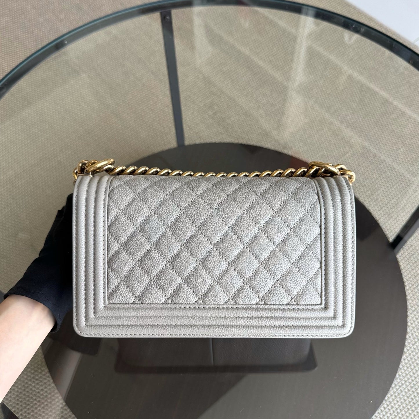 Chanel Boy Medium - Caviar 25CM Quilted Grained Calfskin Grey Gray Gold Hardware Series 20