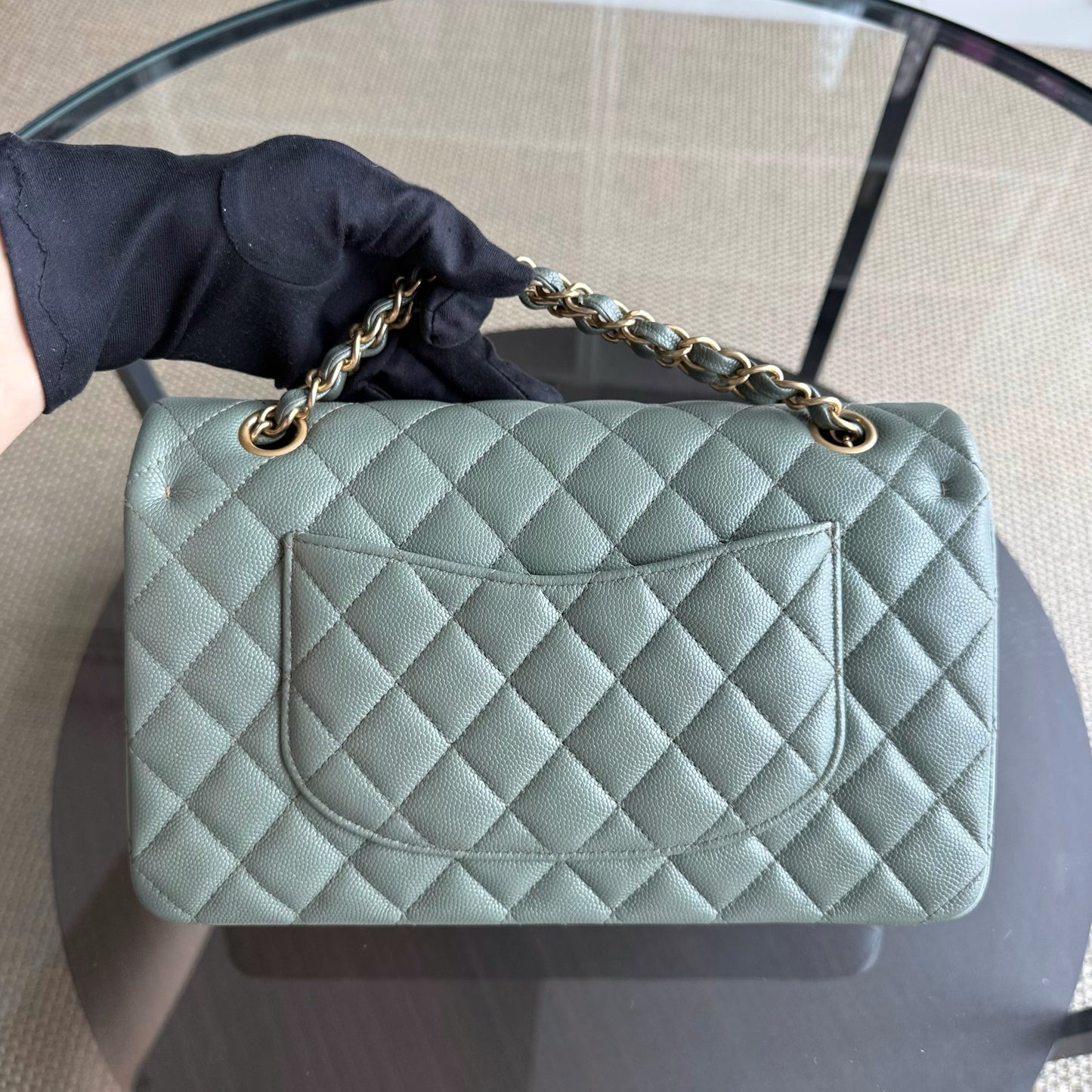Chanel Classic Flap Medium - Caviar 25CM Quilted Grained Calfskin Light Blue Green Gold Hardware Series 25