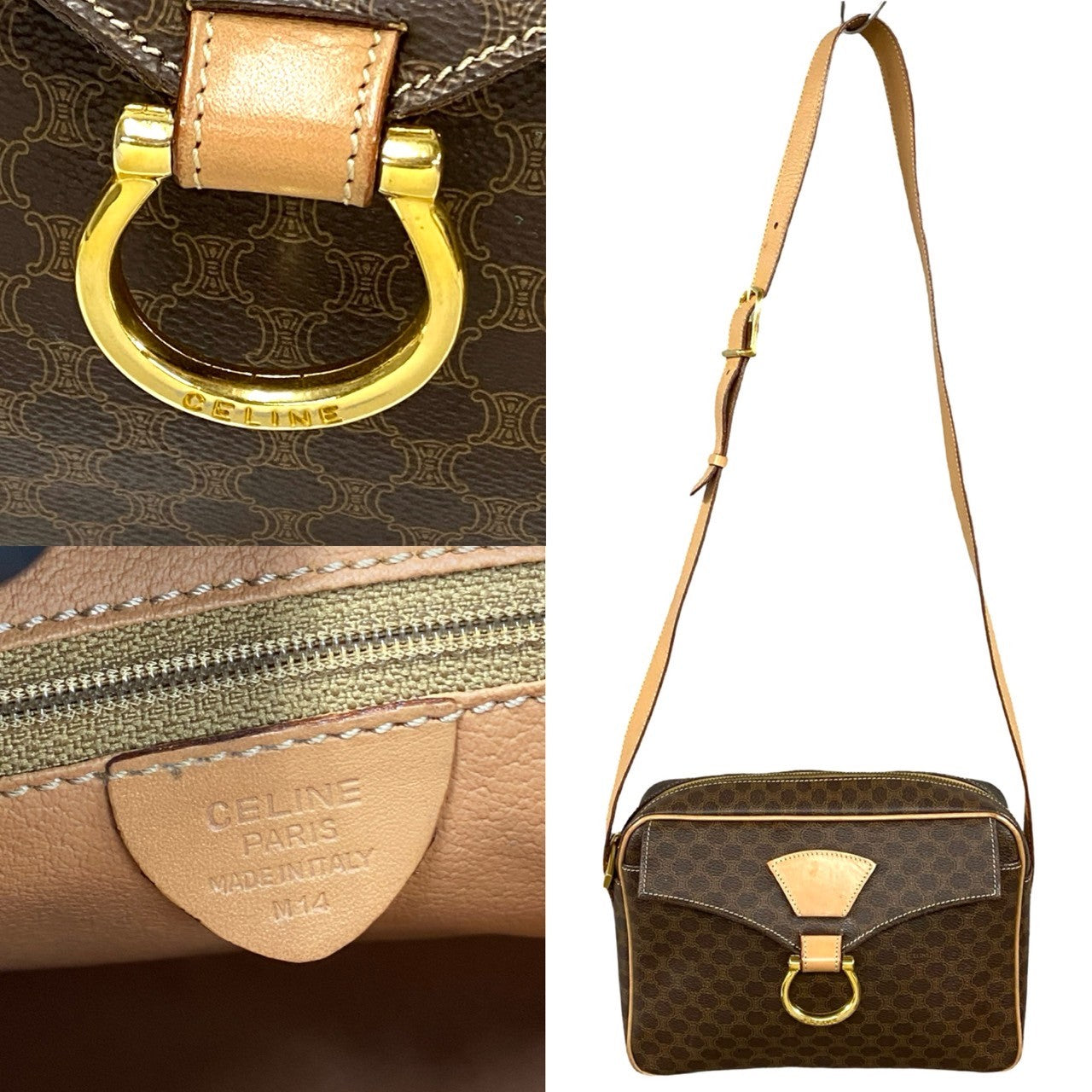 CELINE Shoulder Bag Leather, PVC Brown Macadam Blason Triomphe logo Pattern Women