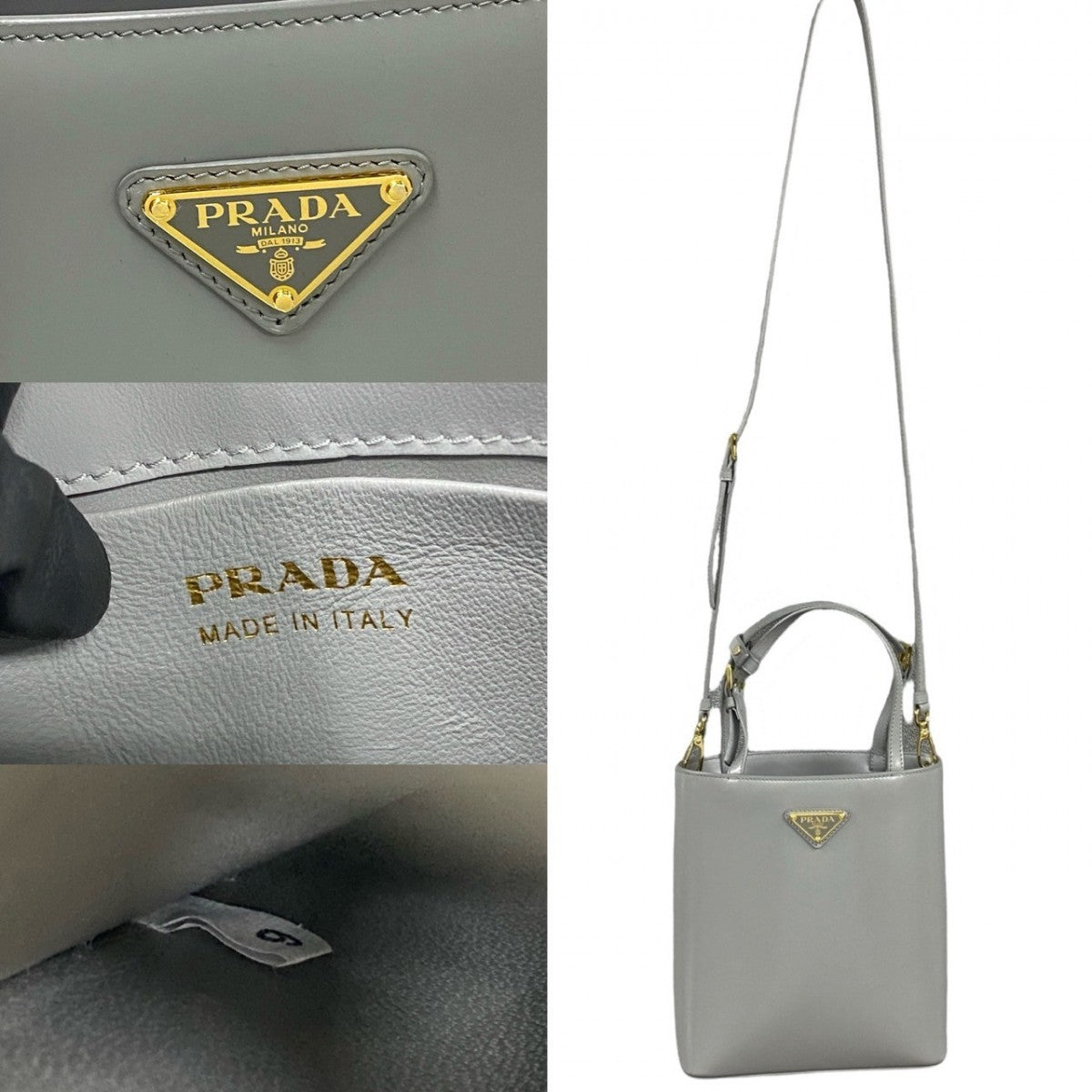 PRADA Shoulder Bag leather gray Triangle Logo Metal Women