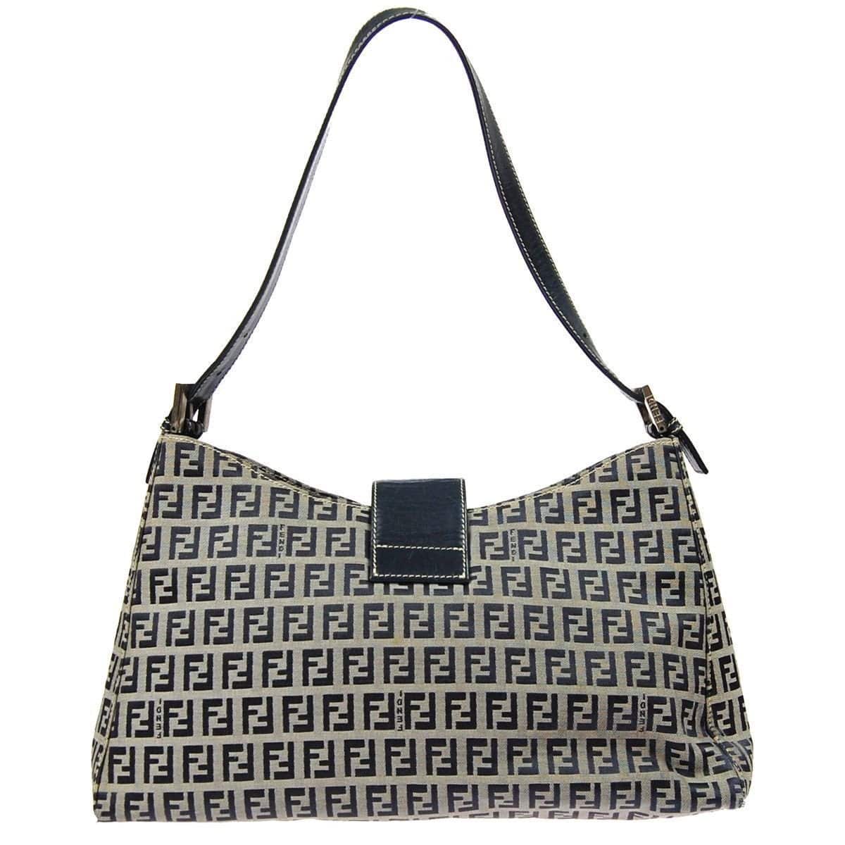 Fendi Zukka Pattern Hand Bag Navy Gray Canvas Leather Italy TT117