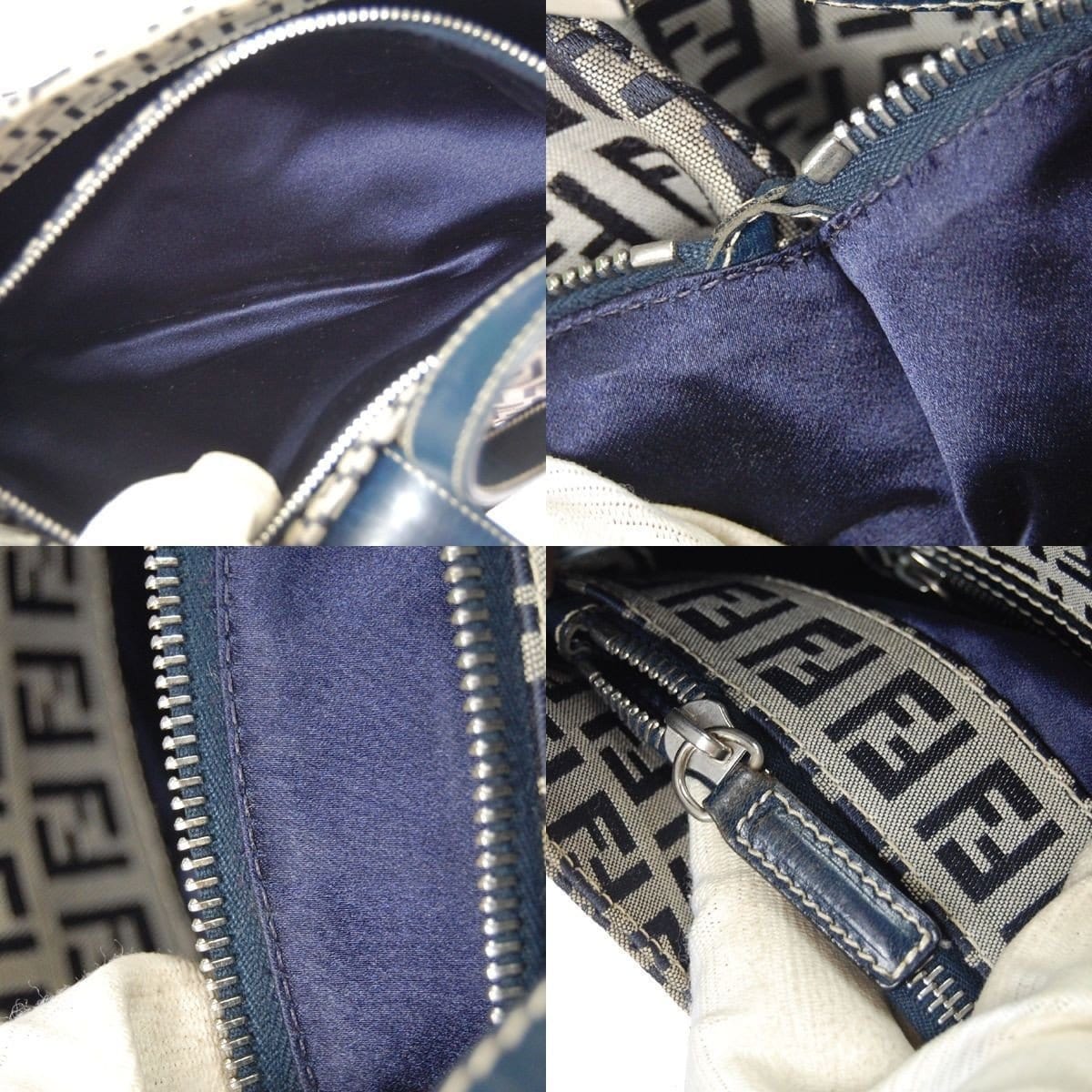 Fendi Zukka Pattern Hand Bag Navy Gray Canvas Leather Italy TT117