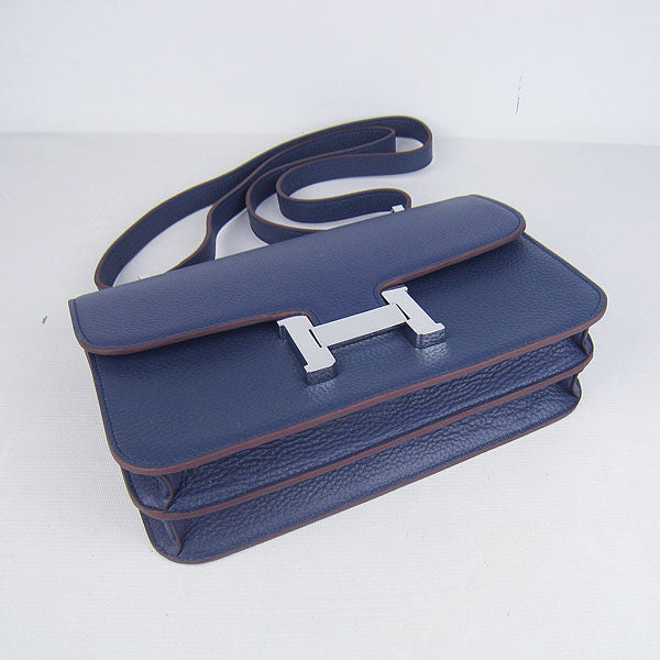 Luxury Hermes calf Leather Message Bag dark blue silver