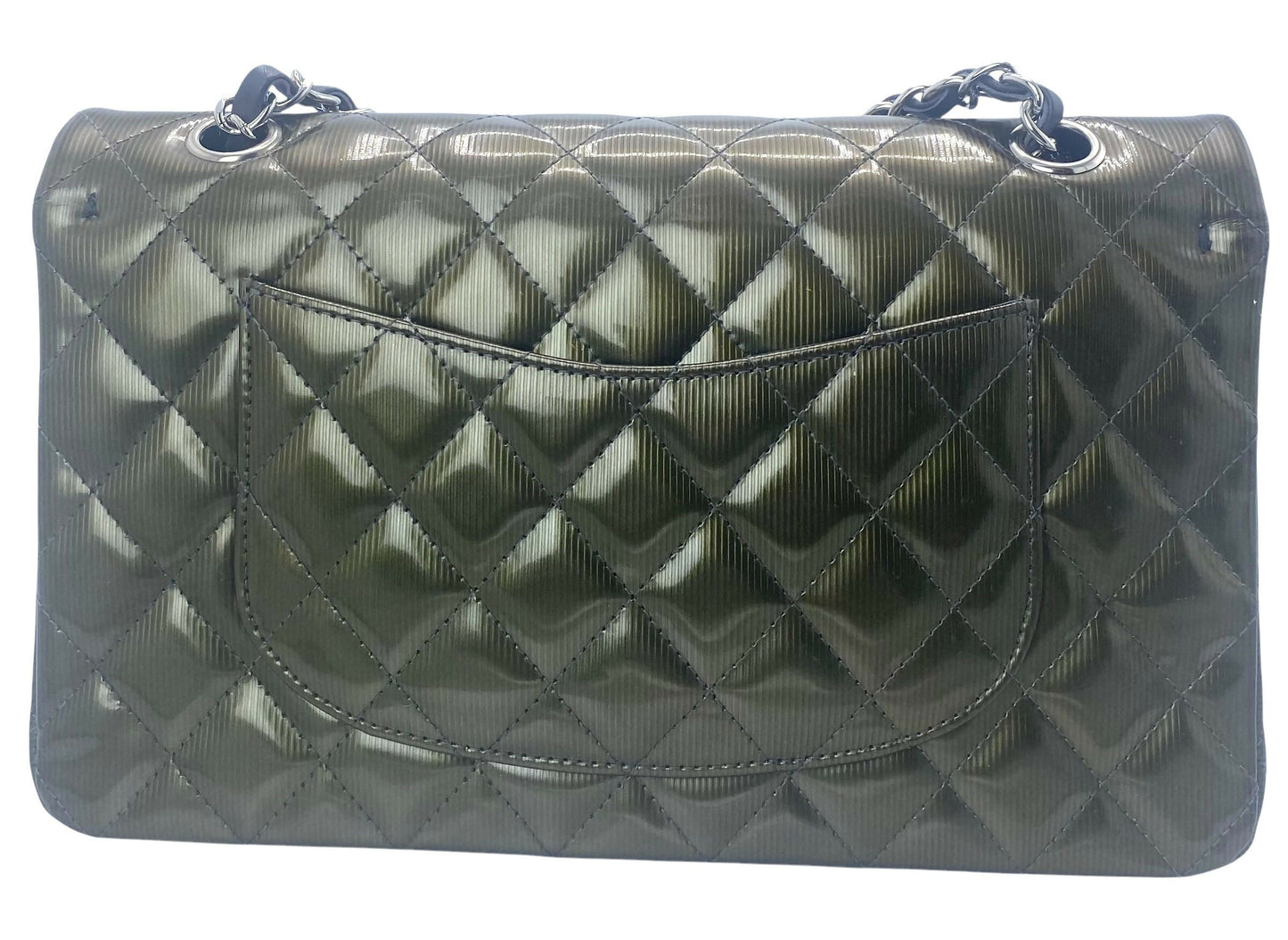 Chanel Medium Dark Green Straited Patent Leather Double Flap Timeless Classic Bag SHW