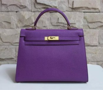 Luxury Hermes Kelly 32cm Epsom Leather Handbag Purple Gold