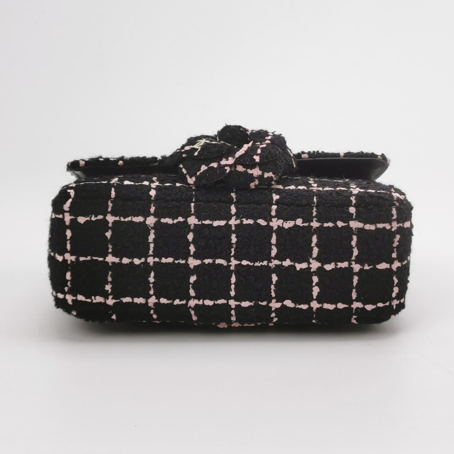 Chanel Mini Rectangular Tweed Flap Bag Black Pink Camellia Single Chain Crossbody