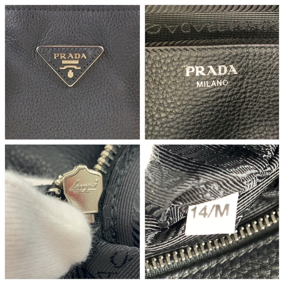 PRADA Tote Bag leather Black SilverMetal Vittero Dyno Triangle With logo
