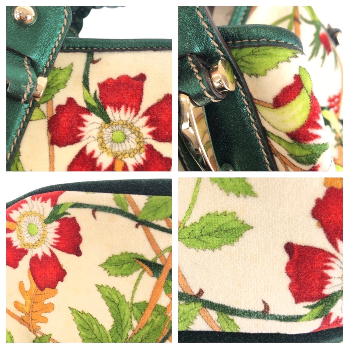 GUCCI Tote Bag 137621 Velour, Leather Green Multicolor SilverMetal Tote Bag Shoulder Bag Horsebit Floral print Women