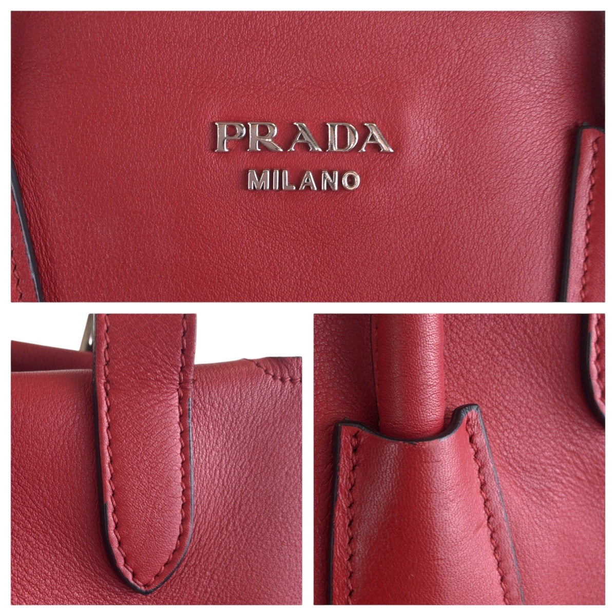 PRADA Tote Bag leather Red Silver Metal Tote Bag Shoulder Bag Women