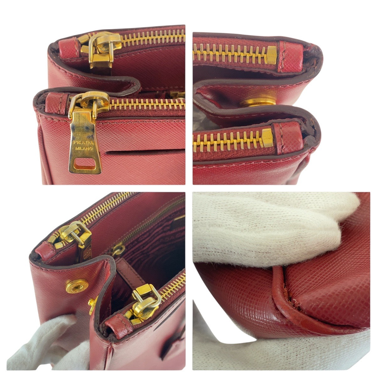 PRADA Tote Bag leather Red Gold Metal Tote Bag handbag Galleria Saffiano Triangle With logo Women