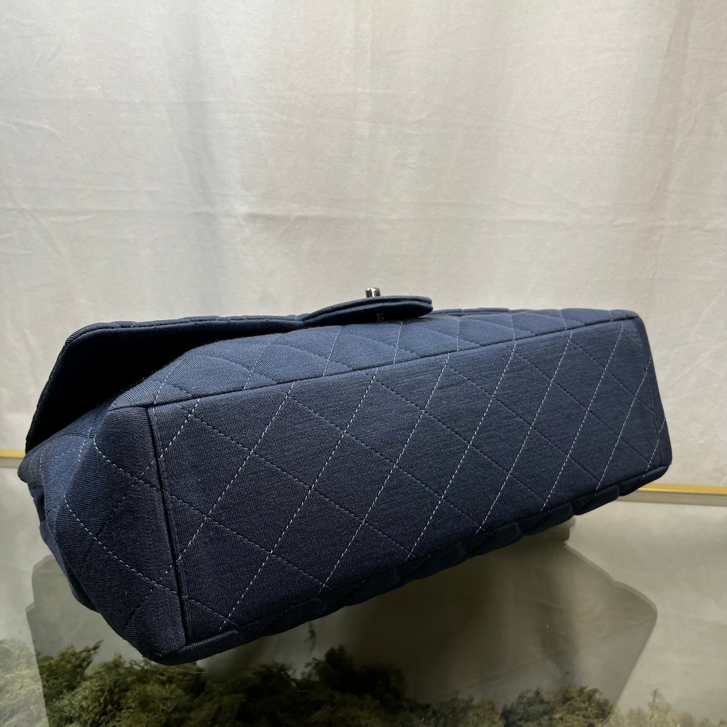 CHANEL Single Flap Jumbo Blue Jersey Shoulder Bag