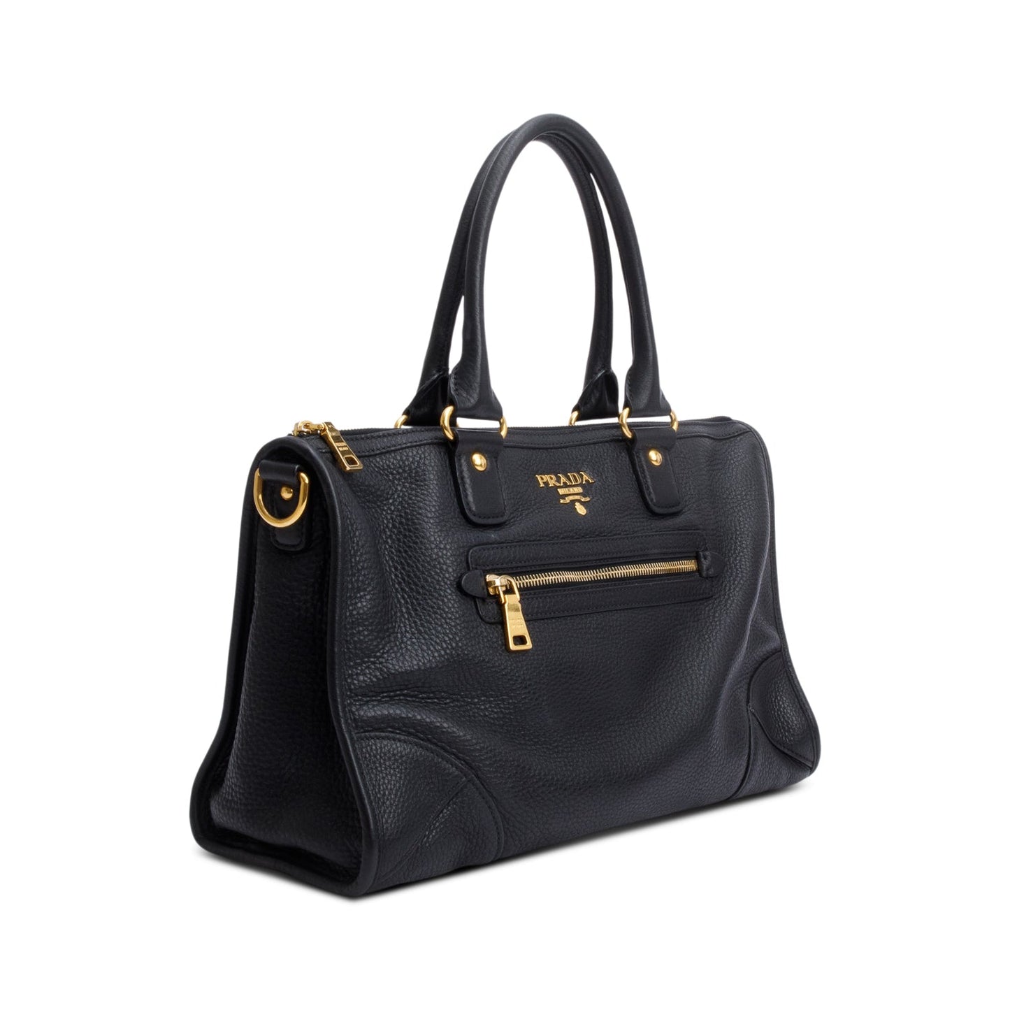 Prada Black Vitello Daino Leather Zip Convertible Tote