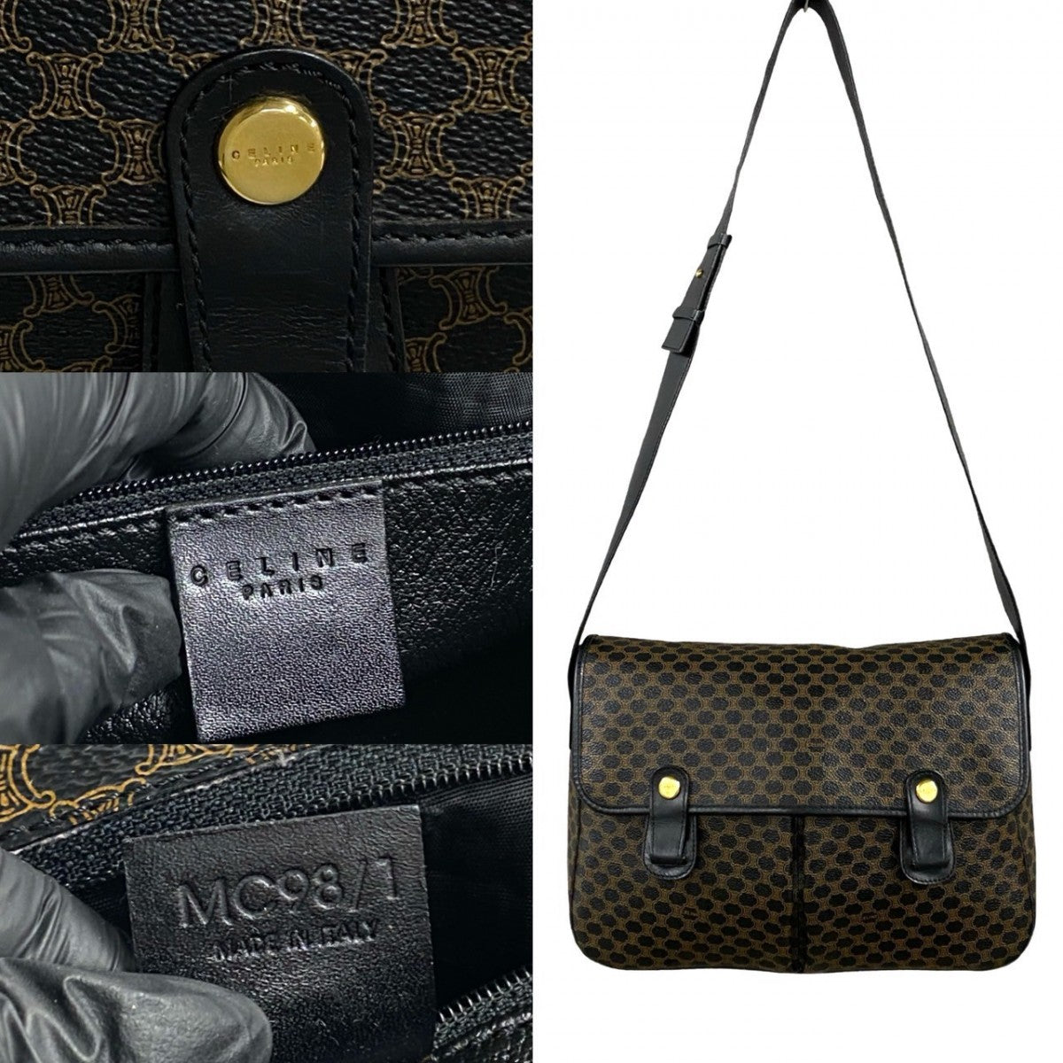 CELINE Shoulder Bag Leather, PVC black Macadam Blason Triomphe Pattern Women