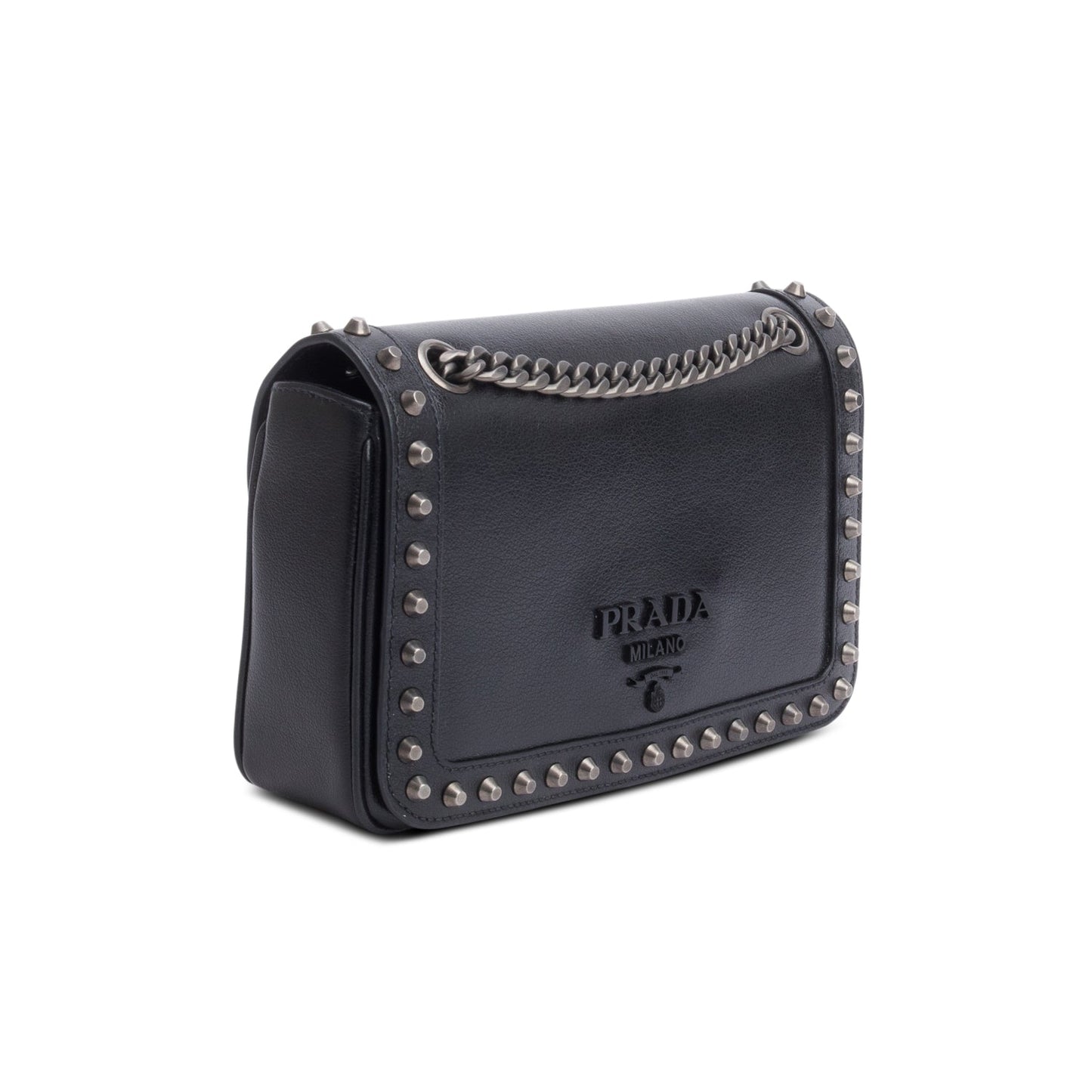Prada Black Pattina Glace Calf Studded Crossbody Bag