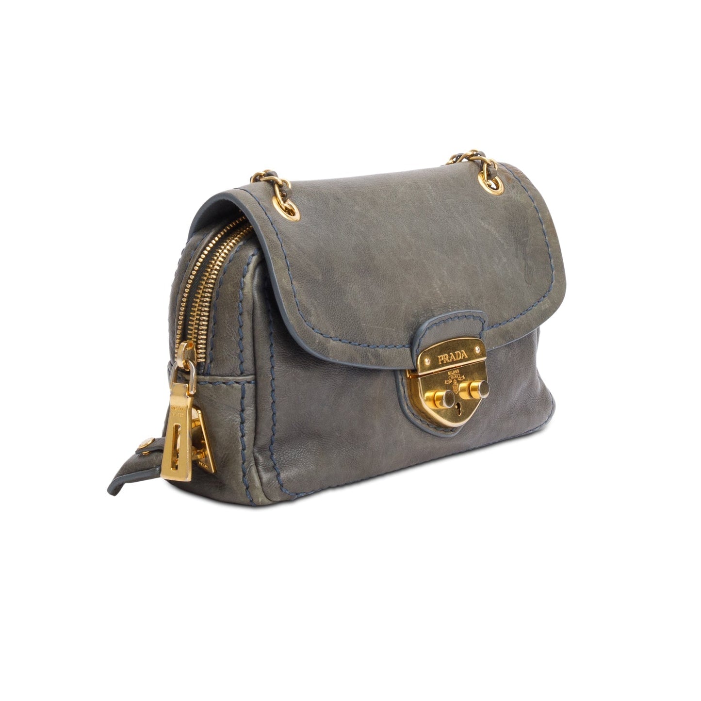 Prada Green Glace Calf Pushlock Chain Shoulder Bag