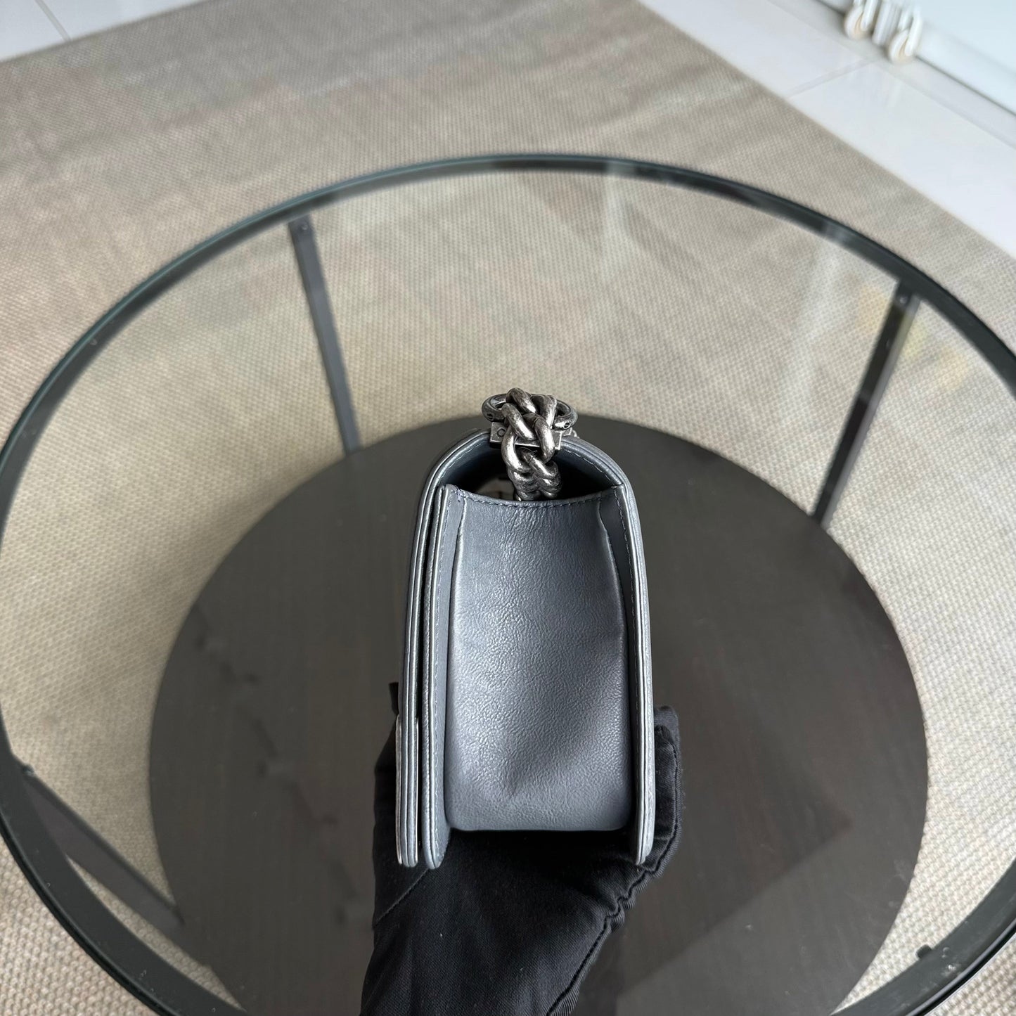 Chanel Boy Medium - 25CM Quilted Limited Edition Paris-Dallas Metal Edge Grained Calfskin Gray Silver Hardware Series 19