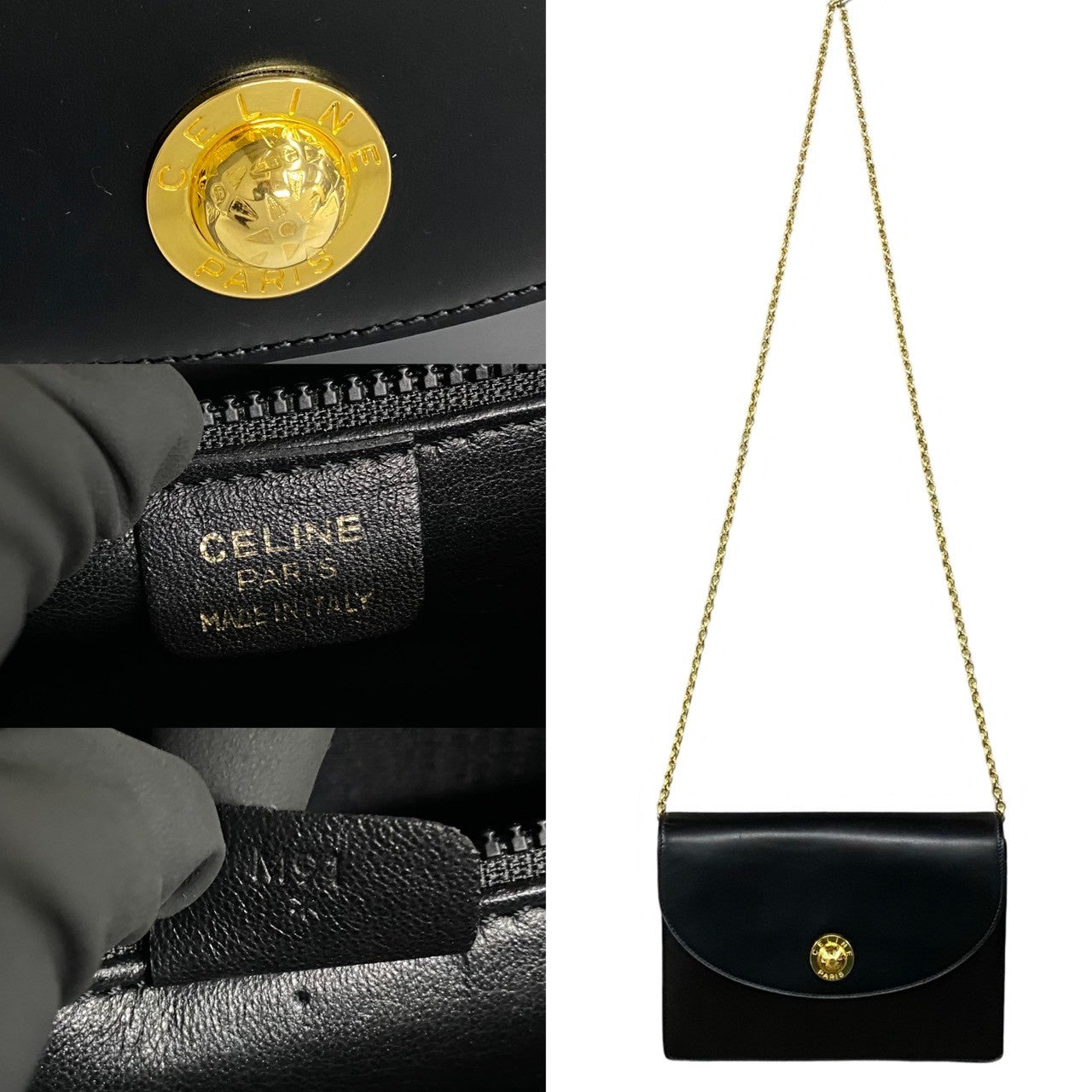CELINE Shoulder Bag leather black Star Ball logo Metal Women