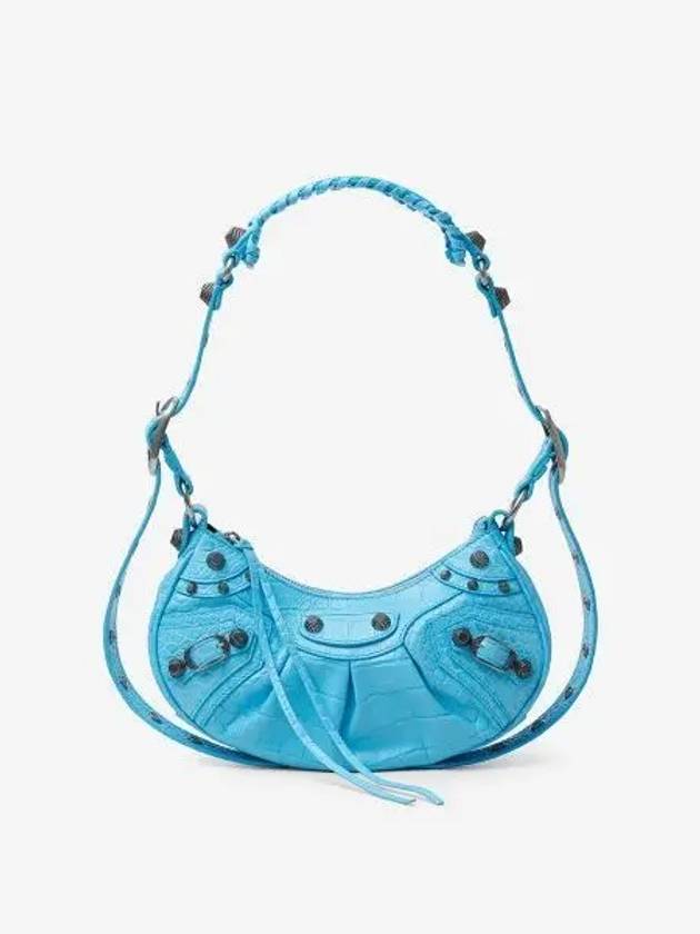 Luxury Balenciaga Trending 2026 Le Cagole XS Crocodile Embossed Shoulder Bag Blue Sky