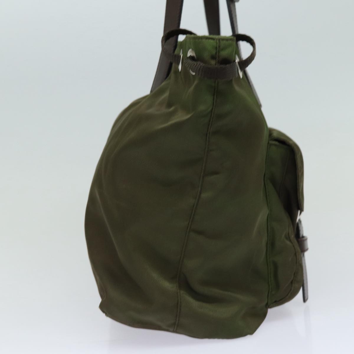 PRADA Tote Bag Nylon Khaki Brown Silver Auth
