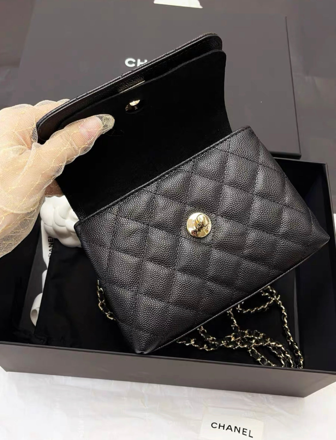 Chanel 24K Nano Coco Top Handle Flap Bag Black Caviar Light Gold Hardware
