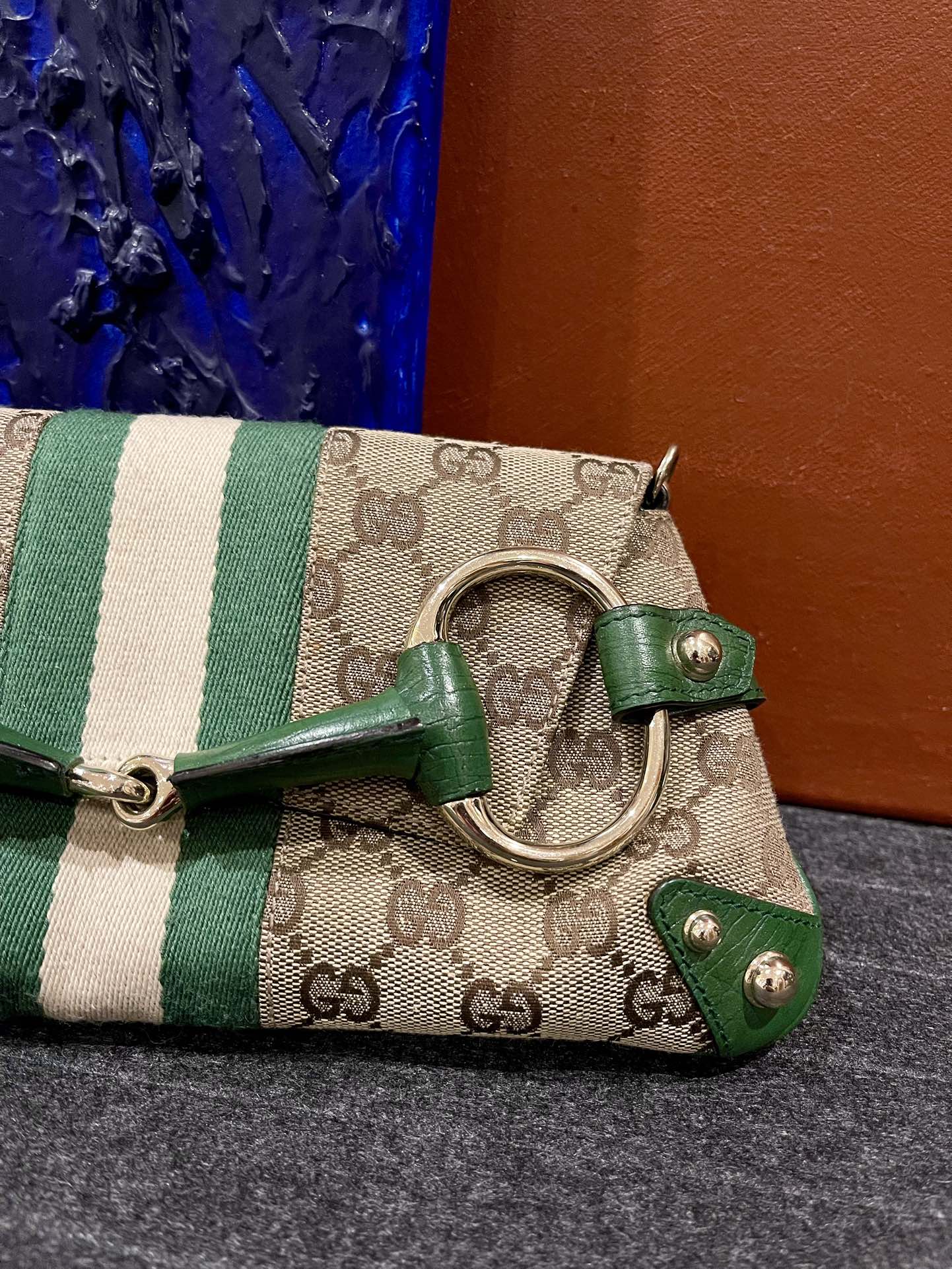 Gucci Horsebit 1955 Chain Bag Gucci Monogram Green Leather and Gold Studs