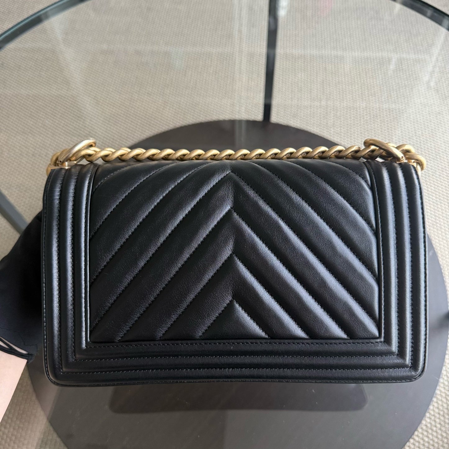 Chanel Boy Medium - 25CM Chevron Calfskin Black Aged Gold Hardware