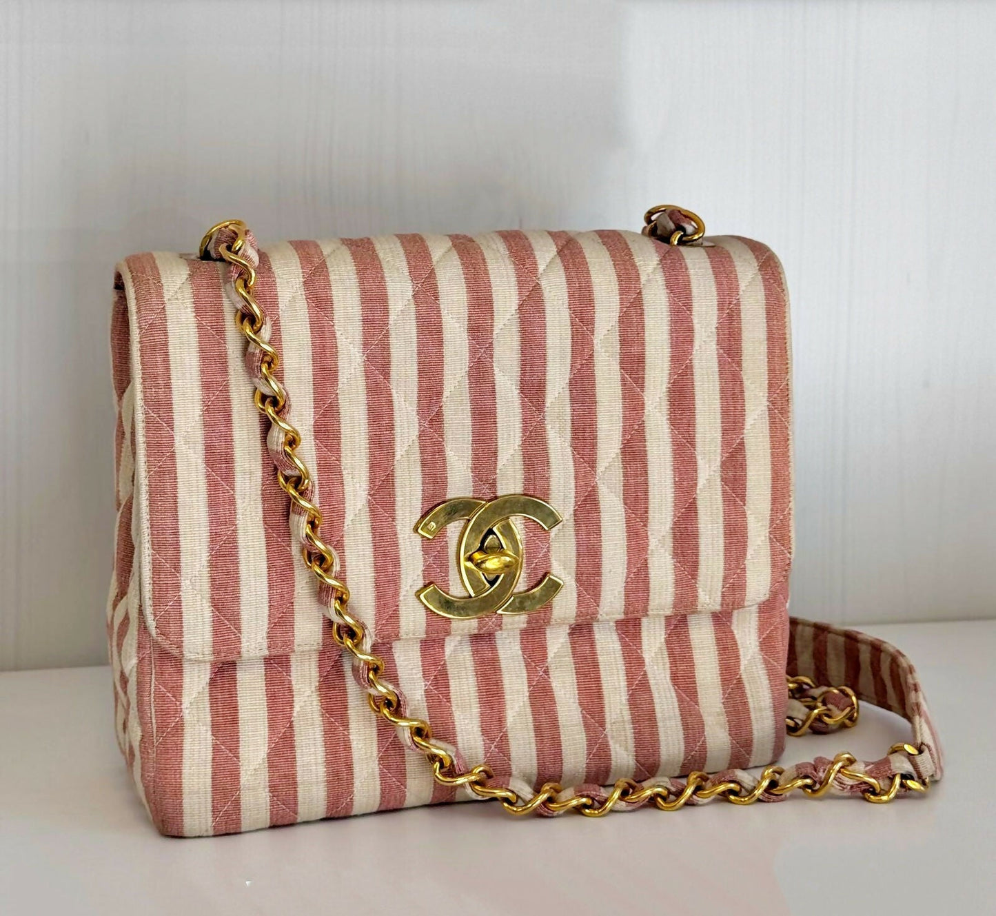 Chanel 1994-1996 White and Pink Striped Large Flap Bag