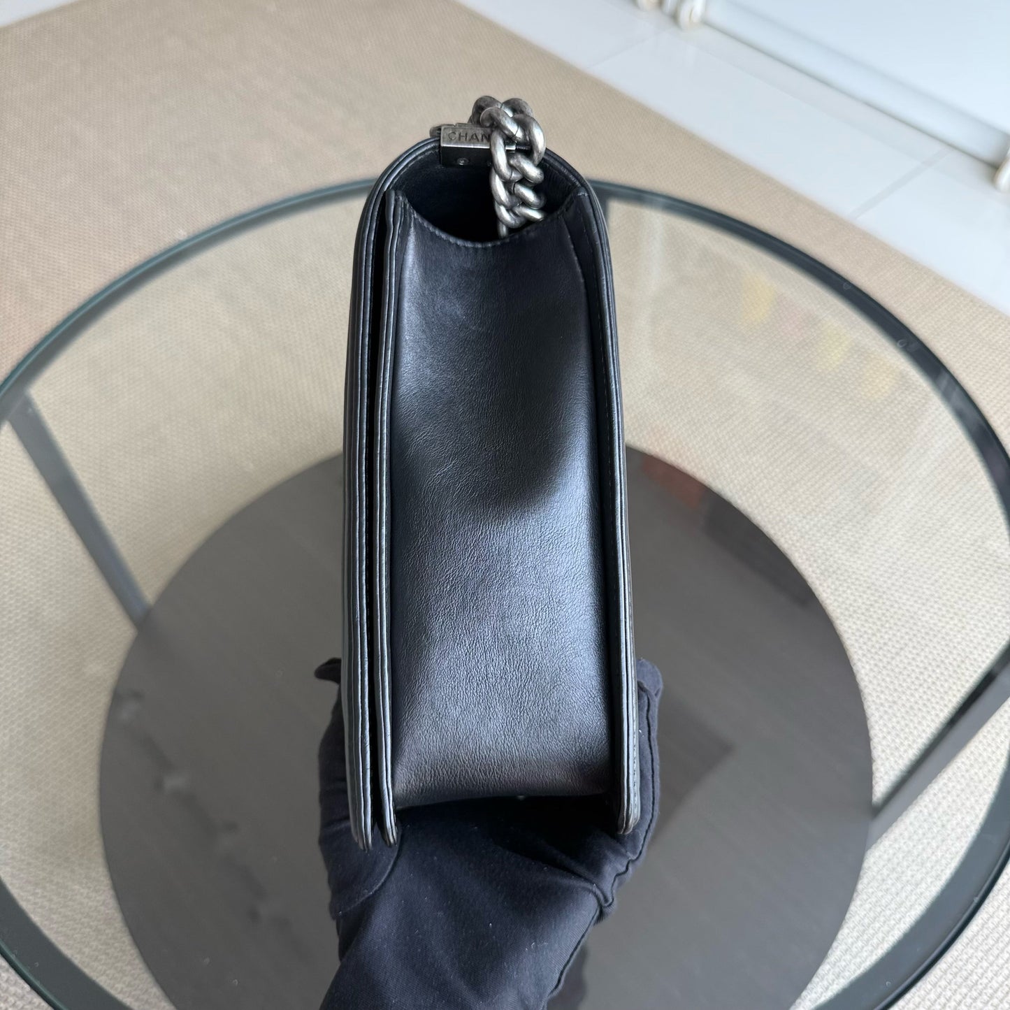 Chanel Boy Large - 30CM Quilted Grained Calfskin Black Silver Hardware Series 17